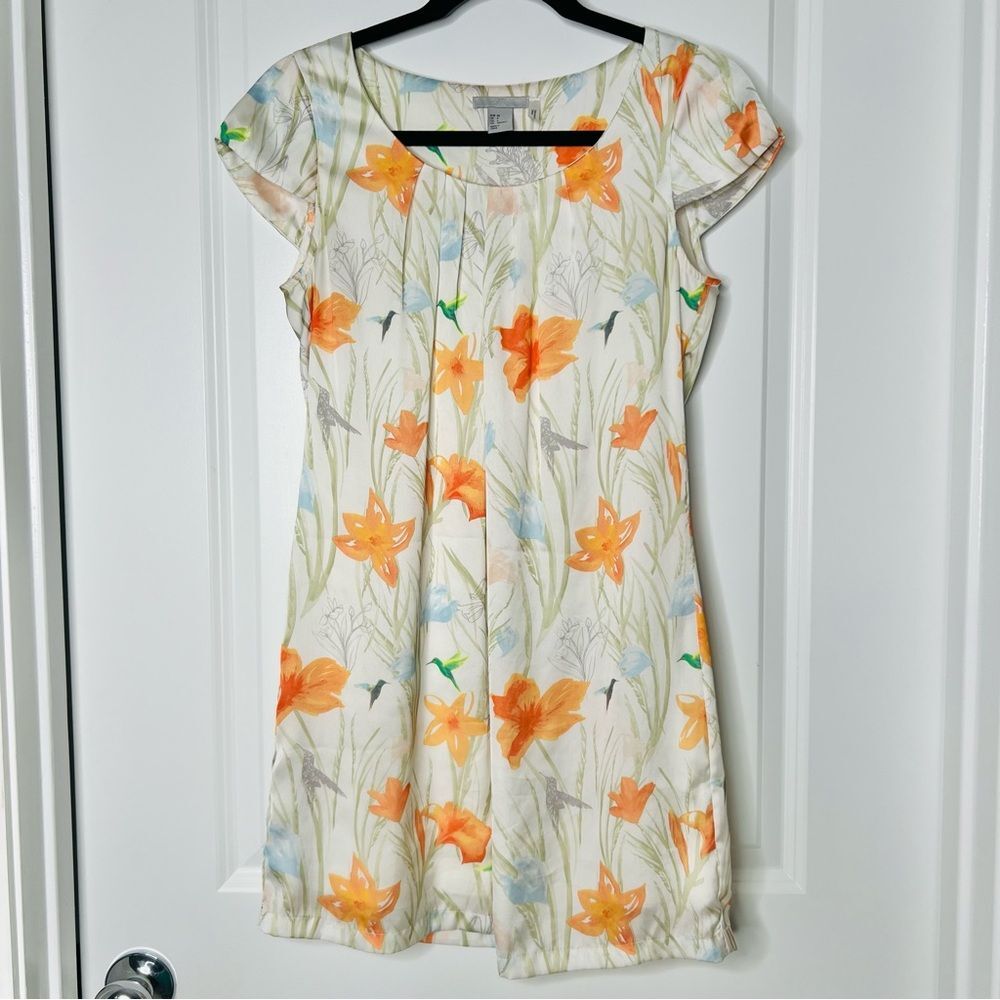 H&M Women's Satin Shift Dress Floral Hummingbird Print Size 4 Lined